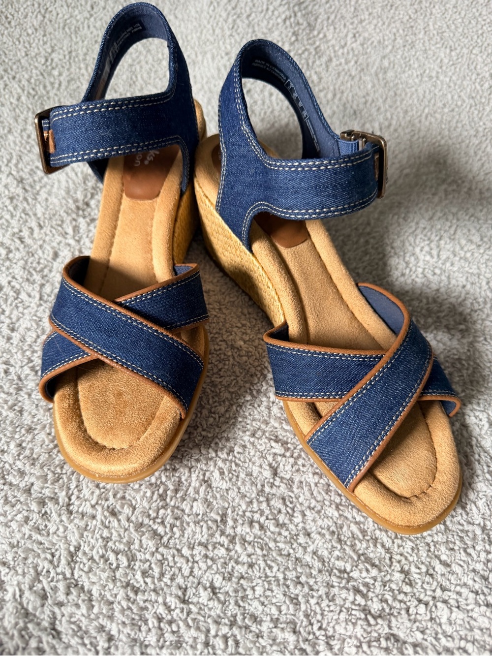 Clarks Navy Denim Crisscross Wedge Sandals